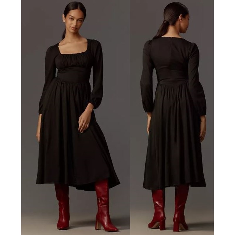 New Reformation Oria Midi Dress Basque Waist Lightweight Black Size 0